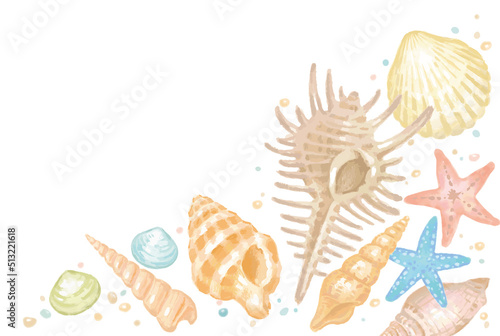 海の貝、ヒトデのフレーム、背景。水彩画風、ベクターイラスト素材。