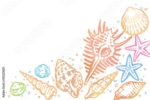 海の貝、ヒトデのフレーム、背景。水彩画風、ベクターイラスト素材。