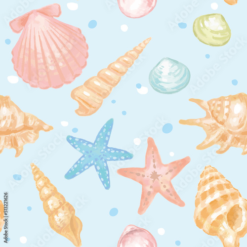 海の貝、ヒトデ、サンゴのシームレスパターン。水彩画風、ベクターイラスト素材。