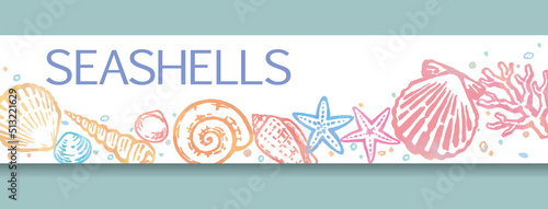 海の貝、ヒトデ、サンゴを使ったバナーデザイン。水彩画風、ベクターイラスト素材。