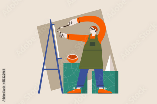 Man-artist paints with brush on white canvas. Creative idea for art classes, art classes or online courses. Vector illustration on an isolated background.