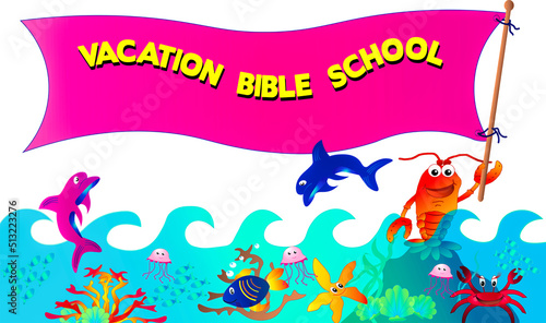 Fun graphic Vacation Bible School Banner full of sea life critters and a large crab holding onto a banner read to advertise VBS.