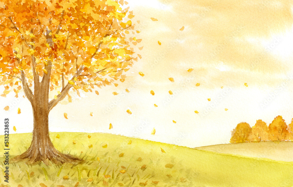 秋の風景　水彩画