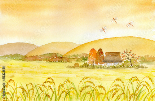 秋の田園風景　水彩画