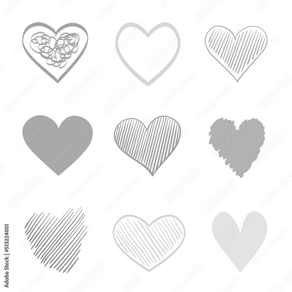 Hand drawn hearts on isolated white background. Set of love signs. Unique illustration for design. Line art creation. Black and white illustration. Elements for design Hand drawn hearts on isolated white background. Set of love signs. Unique illustration for design. Line art creation. Black and white illustration. Elements for design
