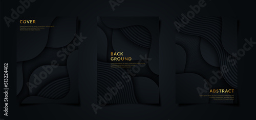 Set of black abstract backgrounds with dynamic papercut shapes