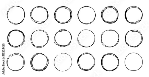 Hand drawn circle line sketch set. Hand drawn round frame vector set isolated on white background. Circular scribble doodle circles for message note mark design element. Pencil or pen graffiti bubble