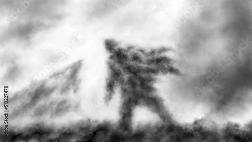 Lone man in developing rags walks. Dark silhouette scary illustration. Despair in fog apocalypse. Hazy landscape inspiring melancholy. Horror fantasy genre. Coal noise effect. Black white background. photo