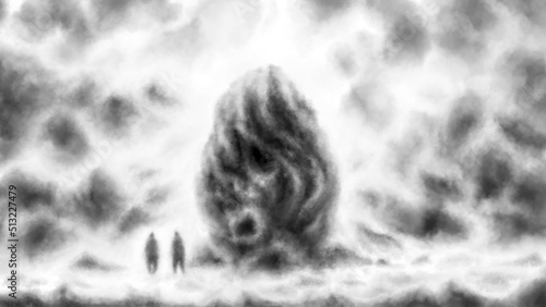 Картината върху платно Two travelers stopped at gigantic egg-shaped monument