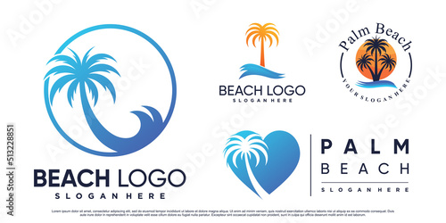 Set collection of beach logo design inspiration with palm tree and creative element Premium Vector