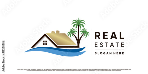 Real estate logo design inspiration with palm tree and wave logo Premium Vector