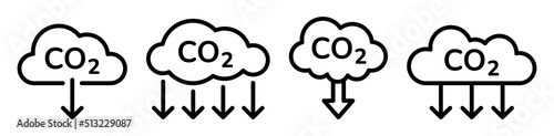 Cloud co2 symbol with down arrow vector outline icon set. Reduce carbon dioxide sign concept illustration.