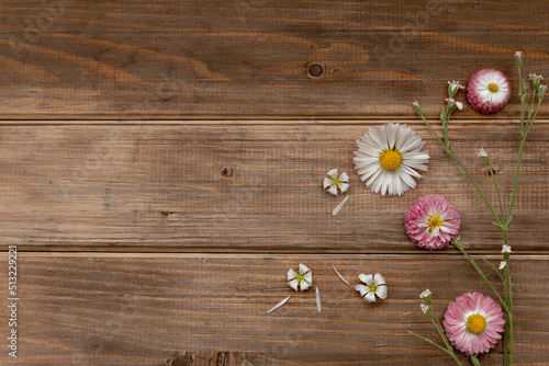 white and pink wildflowers with petals and thin branches on brown wooden background
