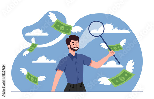 Man chasing money. Guy with net catches banknotes, mektaphor of successful start up, talented entrepreneur or investor. Businessman collects profit from projects. Cartoon flat vector illustration