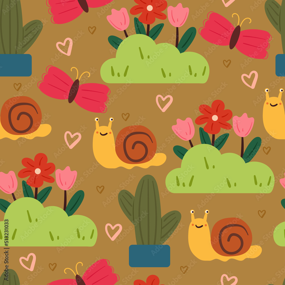seamless pattern cartoon snail and flowers. cute animal drawing for kids wallpaper, gift wrapping paper