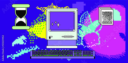 Collage art with an old retro computer and glitched pixelated shapes. Webkitsch and webpunk style vector illustration.