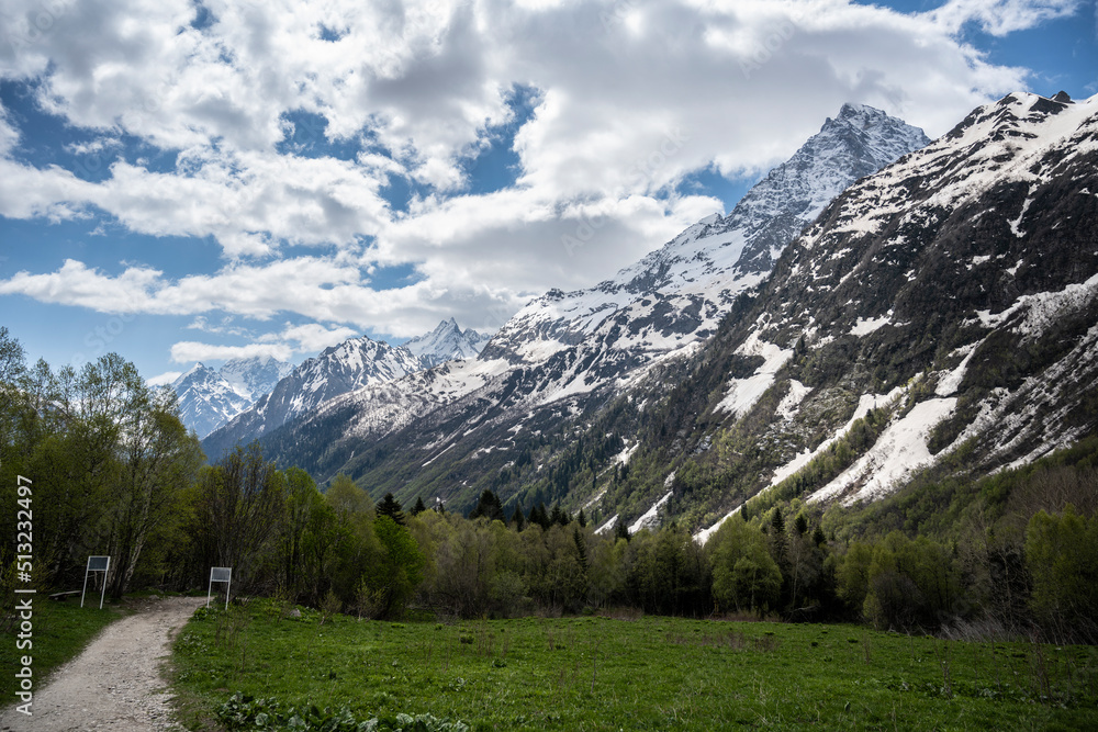Caucasian mountains in Dombay in Russia in spring