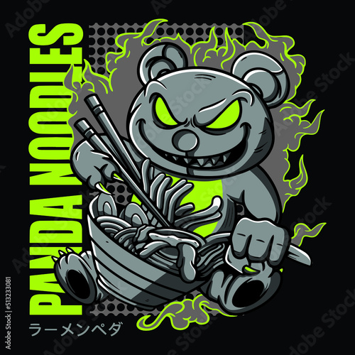 Illustration of panda with ramen noodles. Vector graphics for t-shirt prints and other uses. Japanese subtitle translation: spicy noodles photo