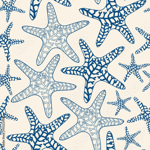 Pastel background of abstract blue starfish and coral. Vector illustration. Surface design perfect for textile, vacation themed fabric, beachwear, stationery, wallpaper, packaging, home and garden
