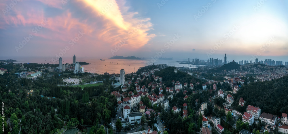 Aerial photography Qingdao green ecological coastline cityscape panorama