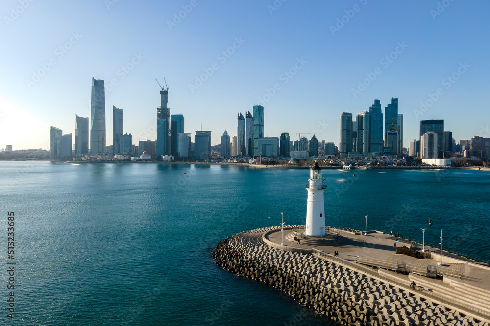 Obraz premium Qingdao Fushan Bay Financial Center Building Landscape Skyline Aerial Photography