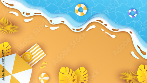 top view summer of sea beach with swim ring, sandals, hat placed on the beach and tropical tree. paper cut and craft style. vector, illustration.