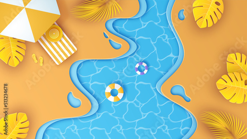 top view summer of sea beach with swim ring, sandals, hat placed on the beach and tropical tree. paper cut and craft style. vector, illustration.