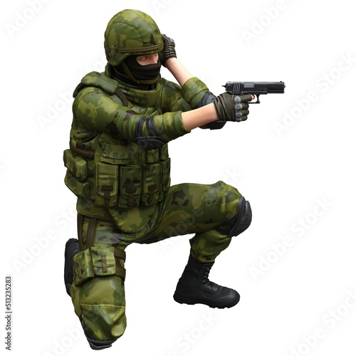 Soldier with a handgun isolated white background 3d illustration