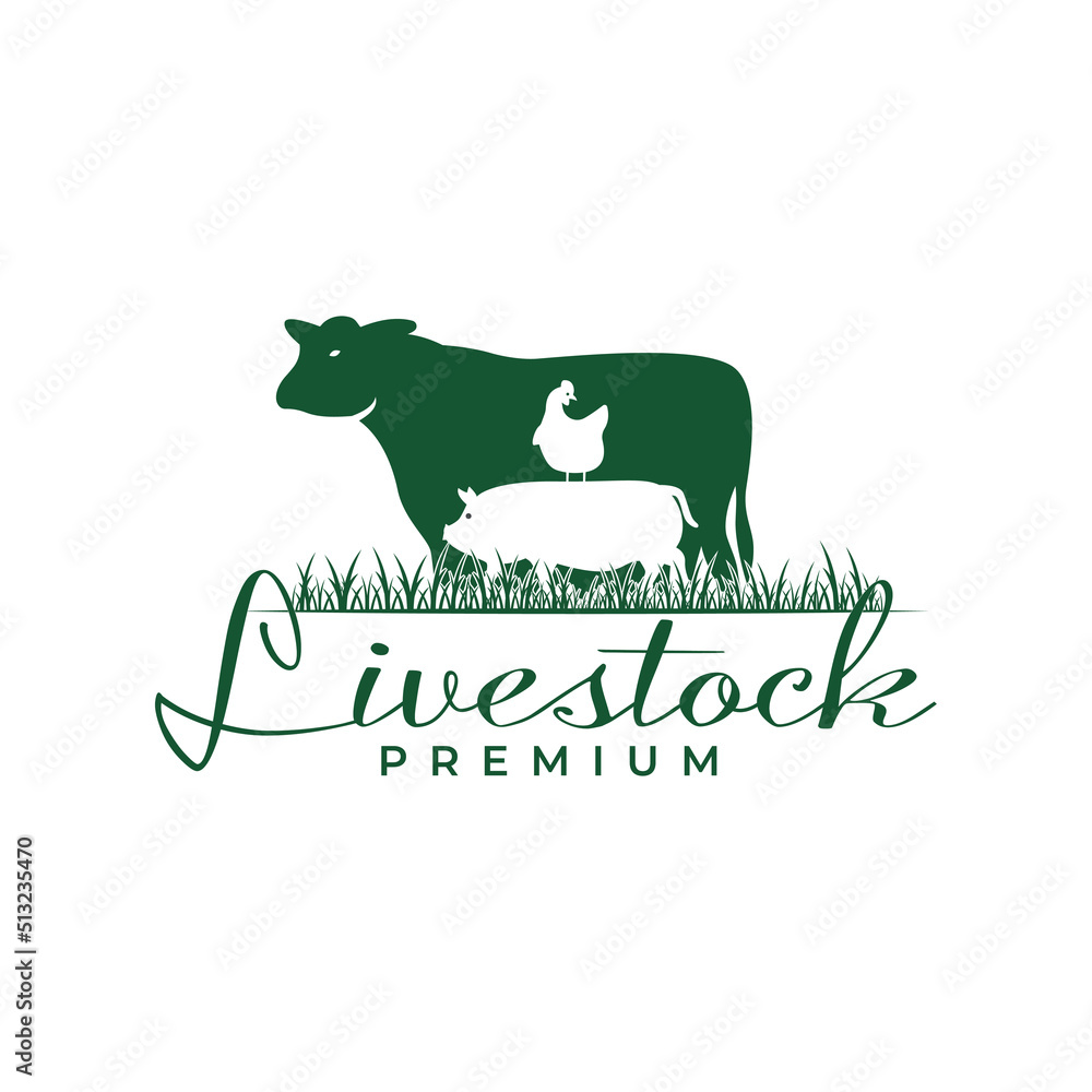 Obraz premium Farm animal, cow, chicken and pig logo inspiration Flat design. Vintage western farm vector illustration concept
