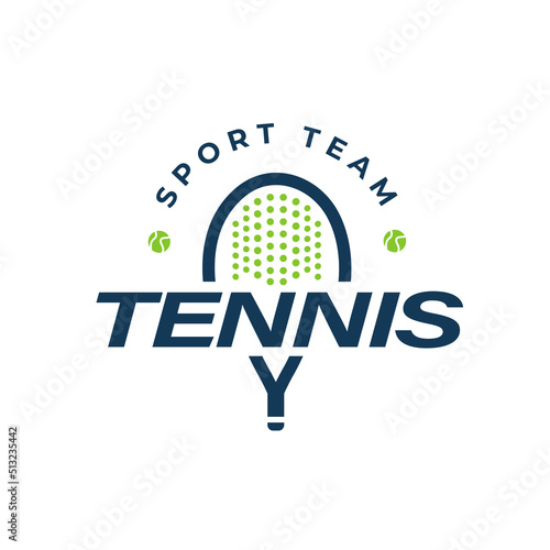 Tennis racket design logo, ball, isolated icon. Simple design. Vector illustration