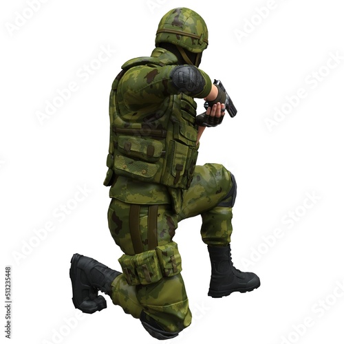 Soldier with a handgun isolated white background 3d illustration