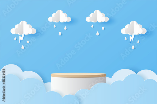 Paper cut of wood cylinder podium for products display presentation with clouds, raindrops and lightning. Vector illustration
