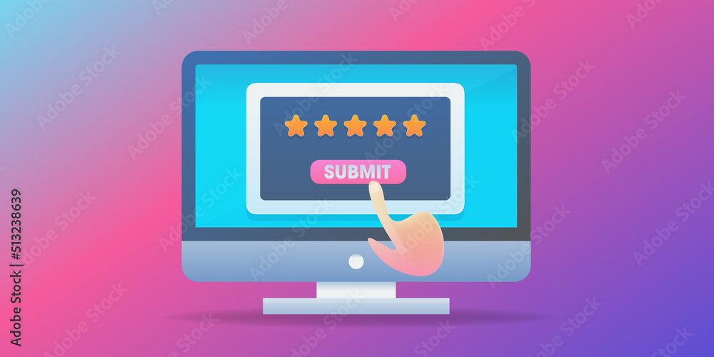 3d style concept of online customer review survey, user hand submits five star rating experience and satisfaction via computer communication technology. 