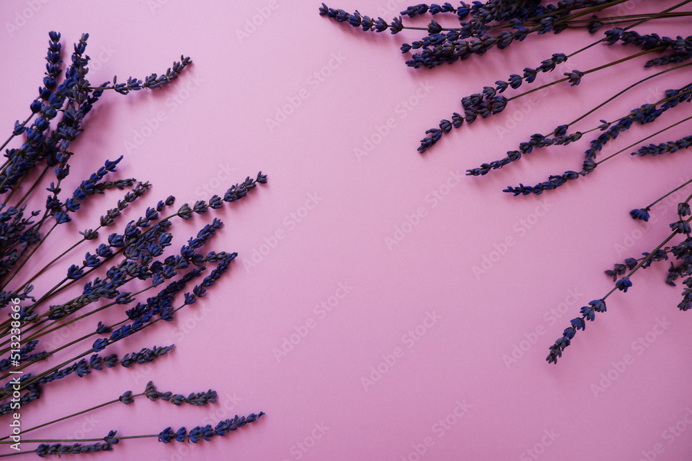 Lavender flowers on PINK background. Copy space. Top view, flat lay. Purple dry Lavender flower background. Lavender flowers on PINK background. Copy space. Top view, flat lay. Purple dry Lavender flower background.