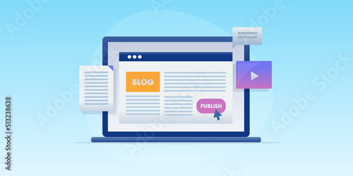 3d style concept of blogging, content creation and publishing, digital marketing communication message on internet, publish article web banner illustration.