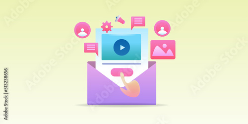 3d style illustration concept of email marketing and communication management, online chat message, newsletter, open mail promotion, web banner.
