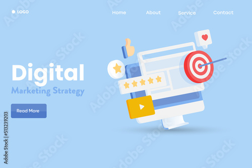 3d style concept of digital marketing strategy, targeting online audience with social media, content marketing and video promotion campaign, landing page template.