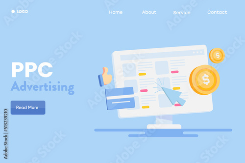 3d style illustration of ppc advertising, paid media campaign, digital marketing and sponsored content ads on internet, landing page template. 