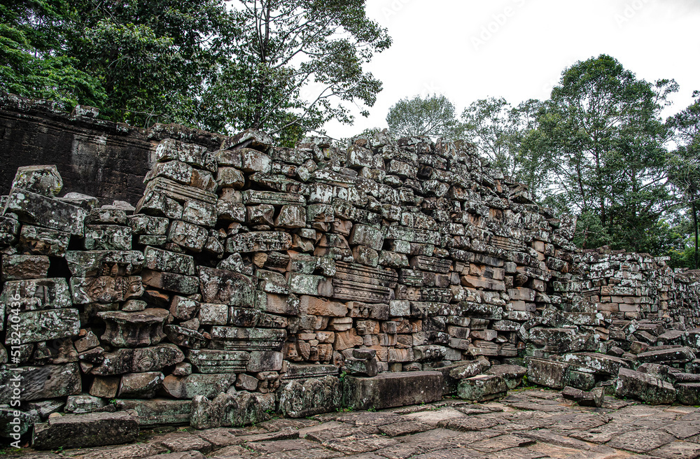 A pile of sandstone used to build Bayon Temple that hasn't been restored in Siem Reap, Cambodia