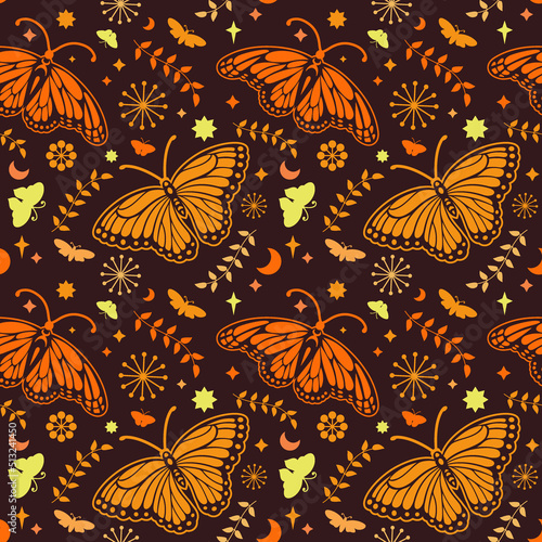 Butterflies and plants seamless pattern