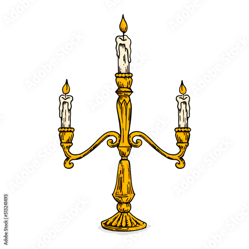 The candle flame is lit by a white candle on a candlestick retro old line art etching vector