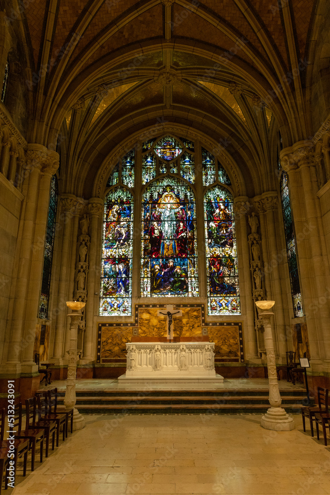 Interior view of stained glass in a cathedral