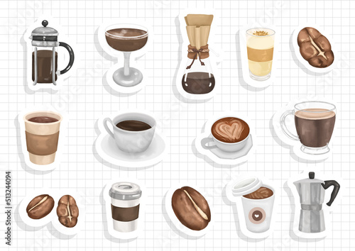 Watercolor coffee collection, sticker sheet. Vector illustration