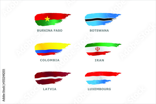 Unique set of World flags Burkina Faso, Botswana, Colombia, Iran, Latvia and Luxembourg