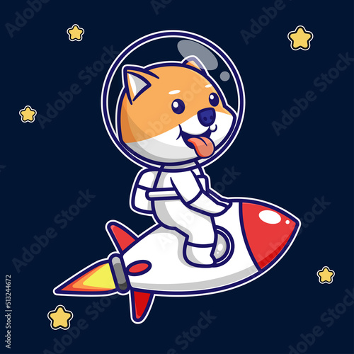 cute shiba inu vector design with flying rocket