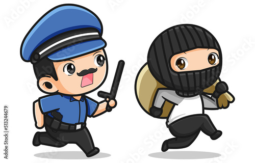 Cute police chasing thief vector design
