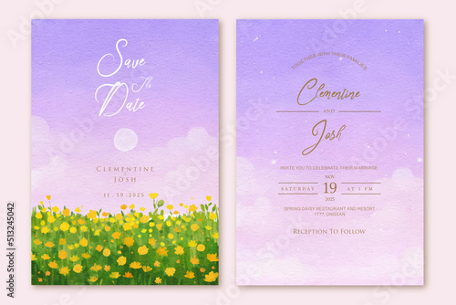 Watercolor yellow flower tree purple pastel sky landscape wedding invitation set template