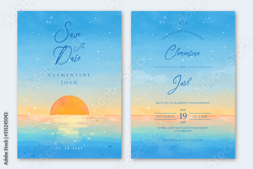 Watercolor pastel sky sunset beach wedding invitation set template