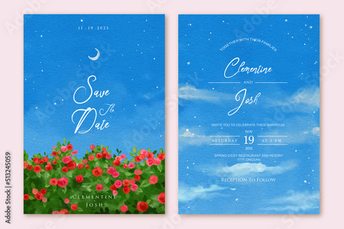 Watercolor red rose night sky landscape wedding invitation set template