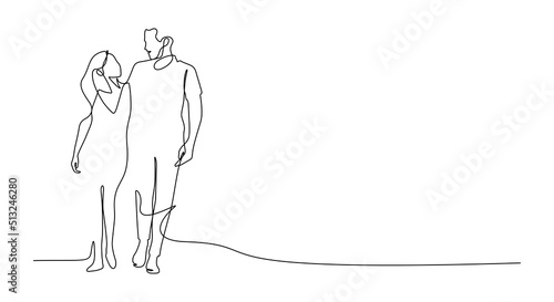 one line drawing of couple walking leisure romantic scene view vector illustration. Continuous line drawing style